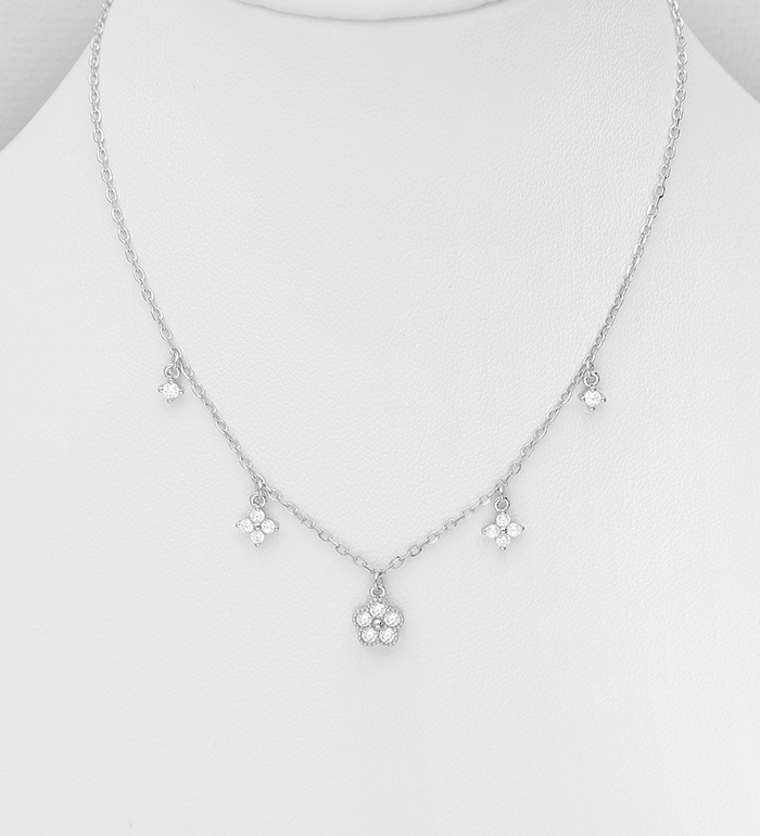 Wholesale 925 Sterling Silver Flower Necklace, Decorated with CZ Simulated Diamonds - SKU #701-33499