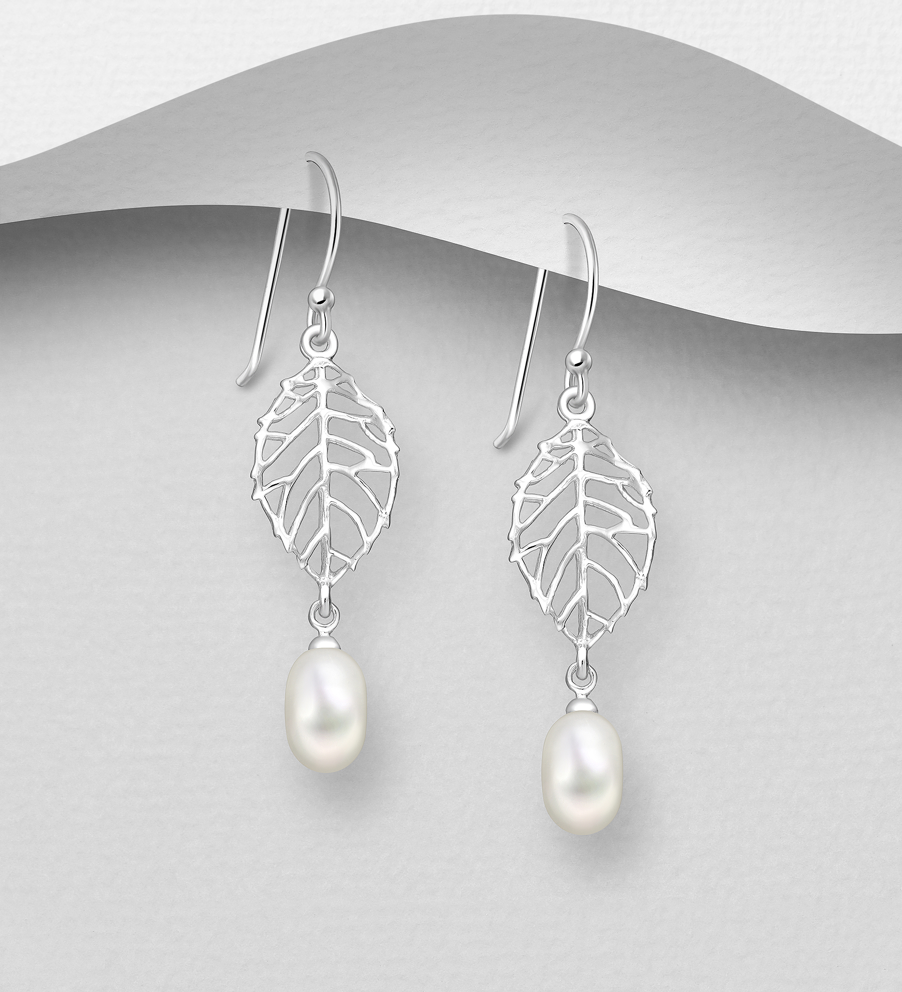 Wholesale 925 Sterling Silver Leaf Hook Earrings, Decorated with Freshwater Pearls - SKU #382-6746