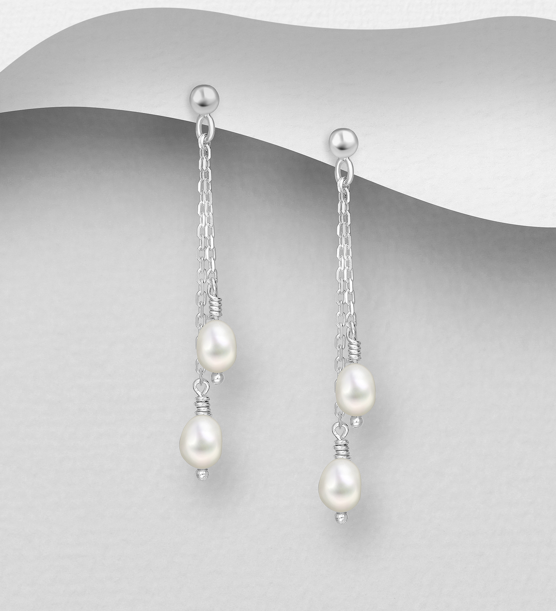 Wholesale 925 Sterling Silver Chain Push-Back Earrings, Beaded with Freshwater Pearls - SKU #382-6747