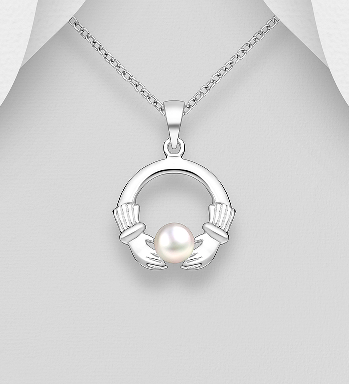 Wholesale 925 Sterling Silver Claddagh Pendant, Decorated with Freshwater Pearl - SKU #382-6748