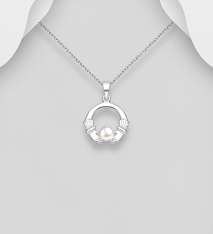 Wholesale 925 Sterling Silver Claddagh Pendant, Decorated with Freshwater Pearl - SKU #382-6748