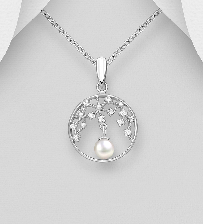 Wholesale 925 Sterling Silver Pendant, Decorated with CZ Simulated Diamonds and Freshwater Pearls - SKU #382-6749