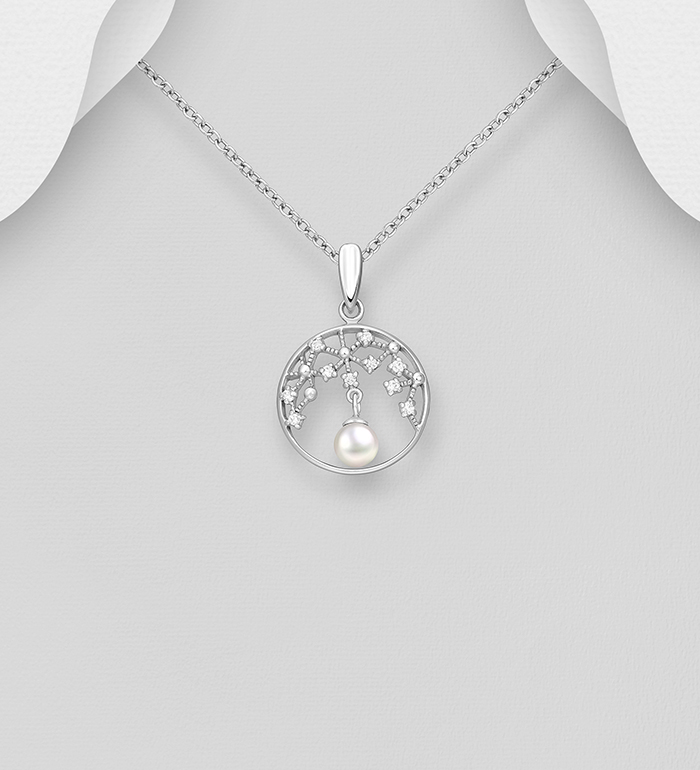 Wholesale 925 Sterling Silver Pendant, Decorated with CZ Simulated Diamonds and Freshwater Pearls - SKU #382-6749