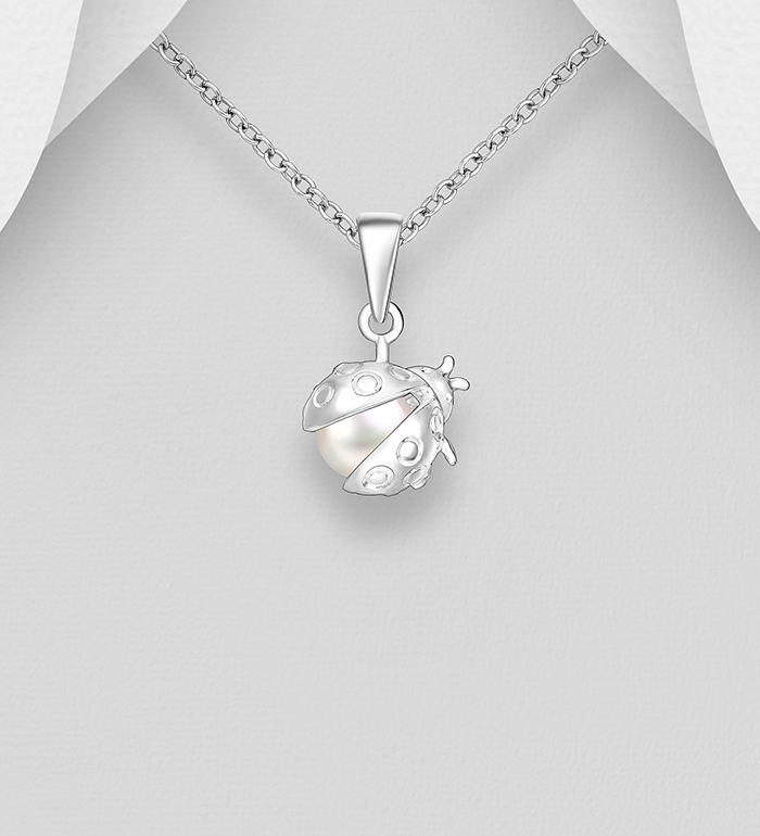 Wholesale 925 Sterling Silver Ladybug Pendant, Decorated with Freshwater Pearl - SKU #382-6752