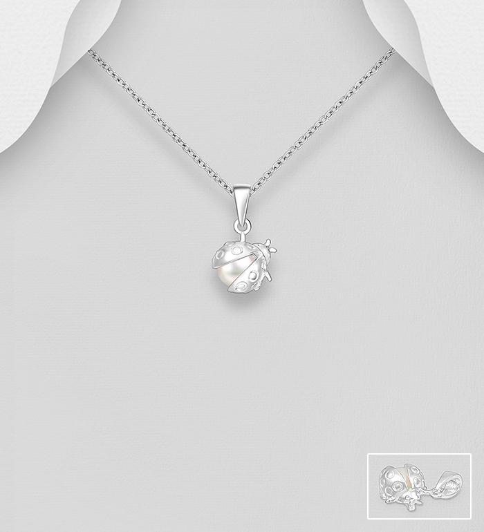 Wholesale 925 Sterling Silver Ladybug Pendant, Decorated with Freshwater Pearl - SKU #382-6752