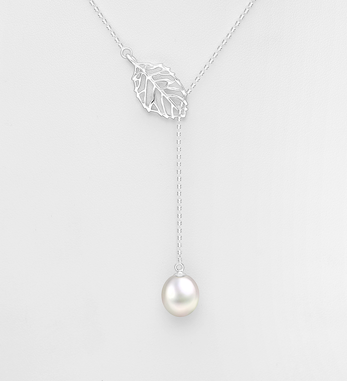 Wholesale 925 Sterling Silver Leaf Y Necklace, Decorated with Freshwater Pearl - SKU #382-6753