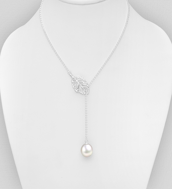 Wholesale 925 Sterling Silver Leaf Y Necklace, Decorated with Freshwater Pearl - SKU #382-6753