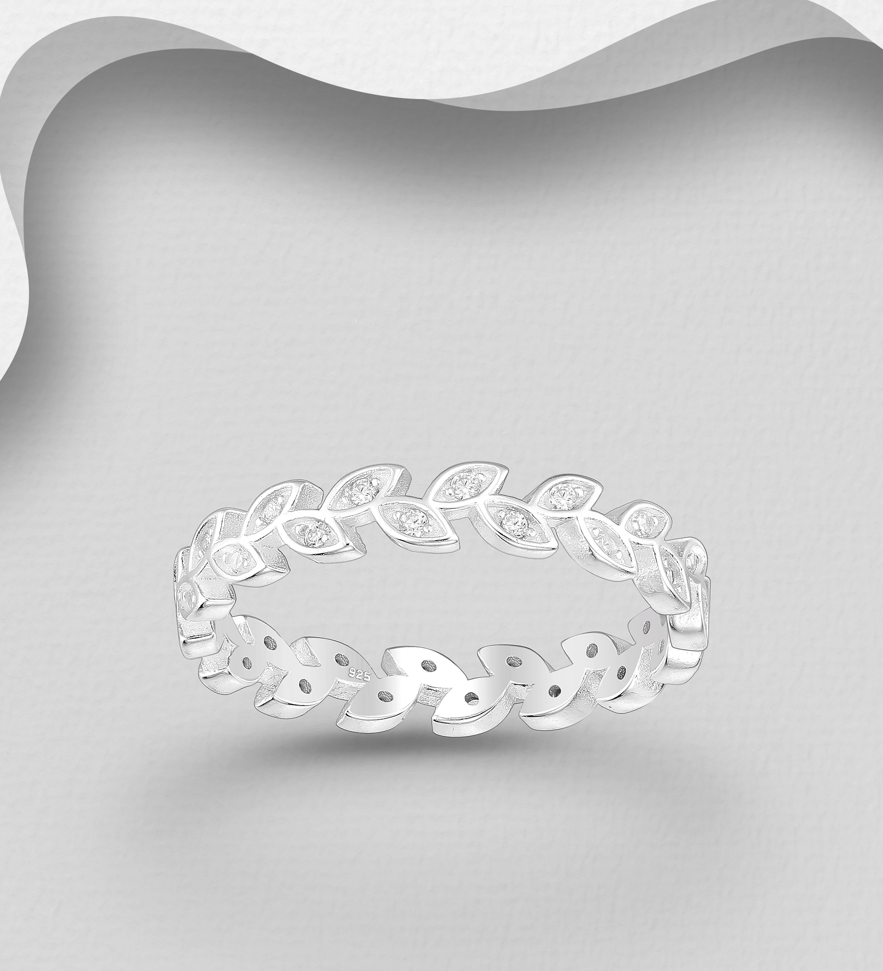 Wholesale 925 Sterling Silver Leaf Ring, Decorated with CZ Simulated Diamonds - SKU #701-33519