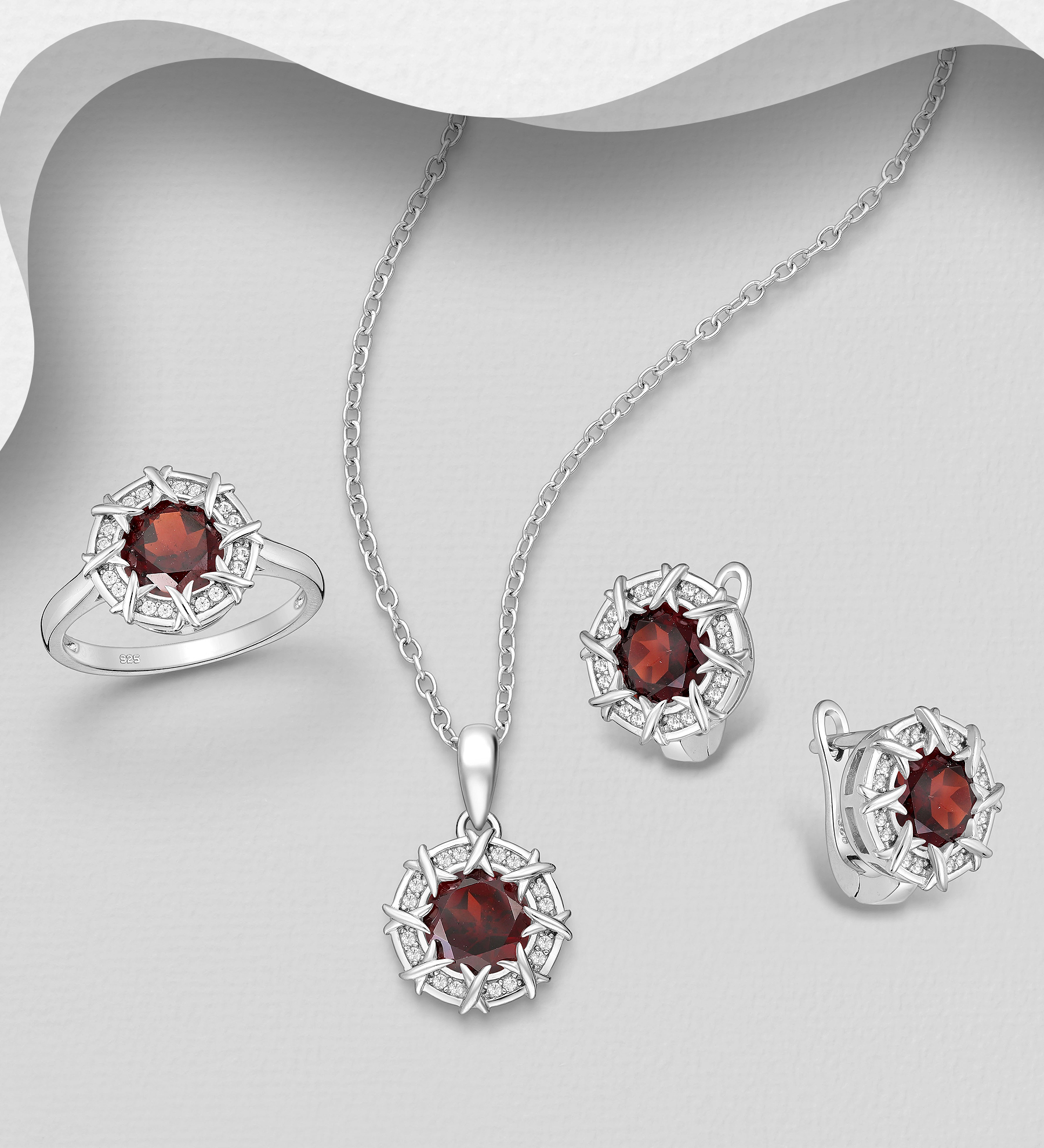 La Preciada - Wholesale 925 Sterling Silver Omega Lock Earrings, Pendants and Ring Jewelry Set, Decorated with Various Gemstones and CZ Simulated Diamonds - SKU #1181-5242