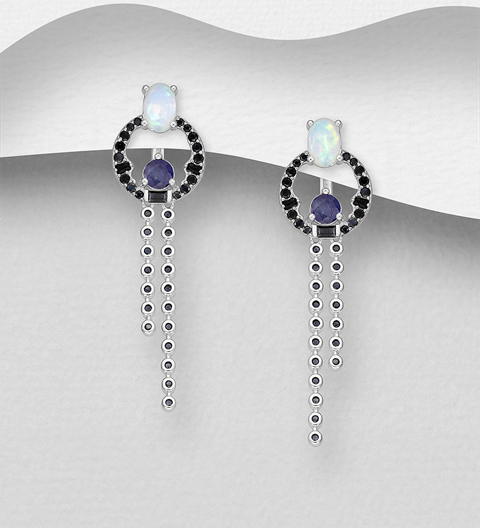 La Preciada - Wholesale 925 Sterling Silver Omega Lock Earrings, Decorated with Ethiopian, Blue Sapphire and Black Spinel - SKU #1181-5253A