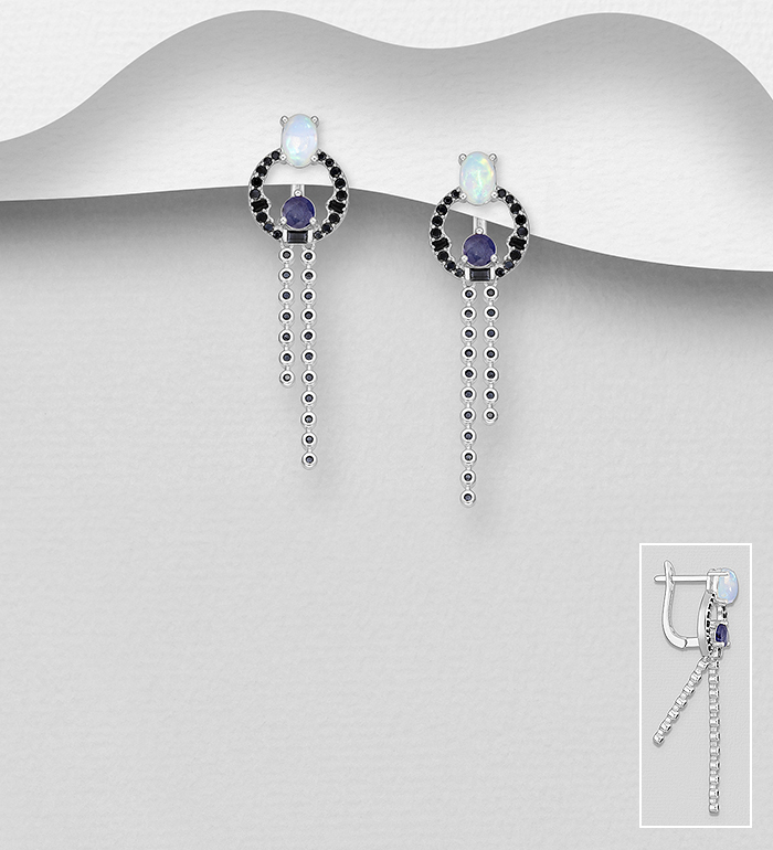 La Preciada - Wholesale 925 Sterling Silver Omega Lock Earrings, Decorated with Ethiopian, Blue Sapphire and Black Spinel - SKU #1181-5253A