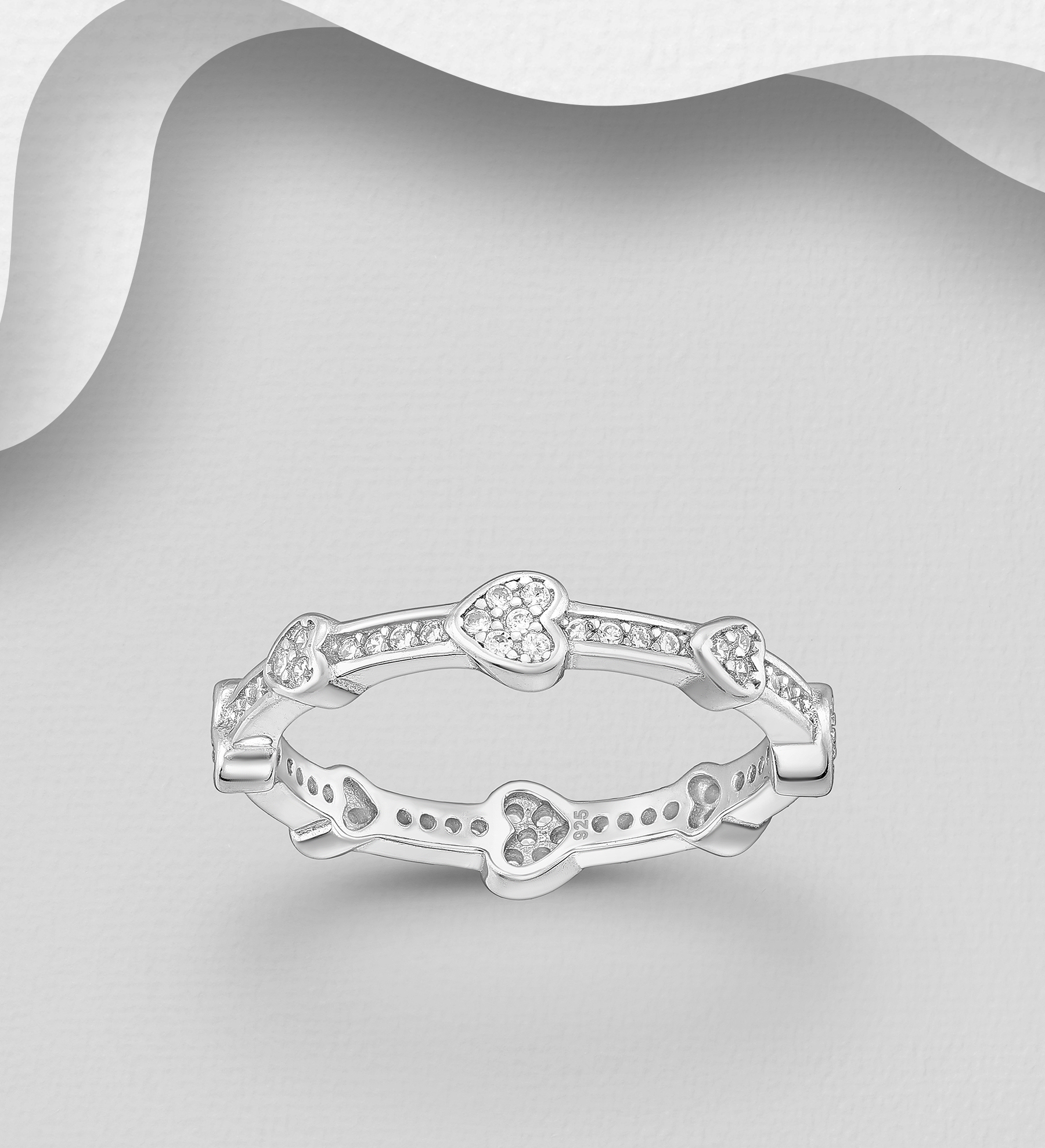 Wholesale 925 Sterling Silver Heart Ring, Decorated with CZ Simulated Diamonds - SKU #701-33531
