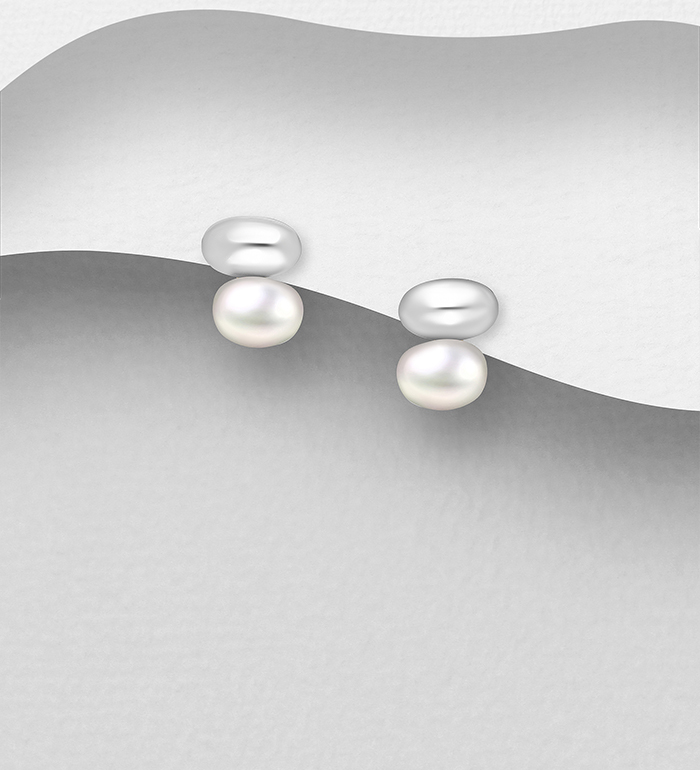 Wholesale 925 Sterling Silver Push-Back Earrings, Decorated with Freshwater Pearls - SKU #382-6755