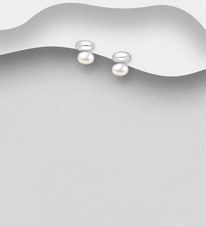 Wholesale 925 Sterling Silver Push-Back Earrings, Decorated with Freshwater Pearls - SKU #382-6755