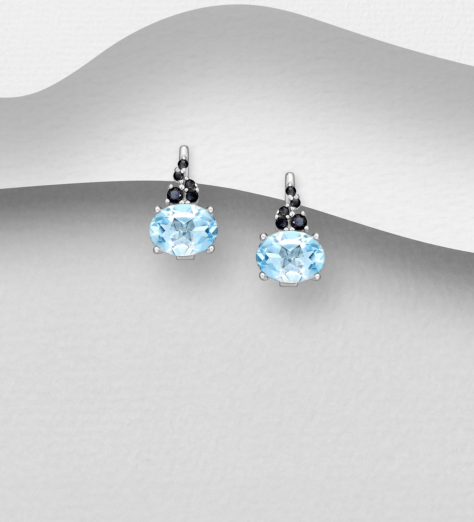 La Preciada - Wholesale 925 Sterling Silver Omega Lock Earrings, Decorated with Sky Blue Topaz and Blue Sapphire - SKU #1181-5257