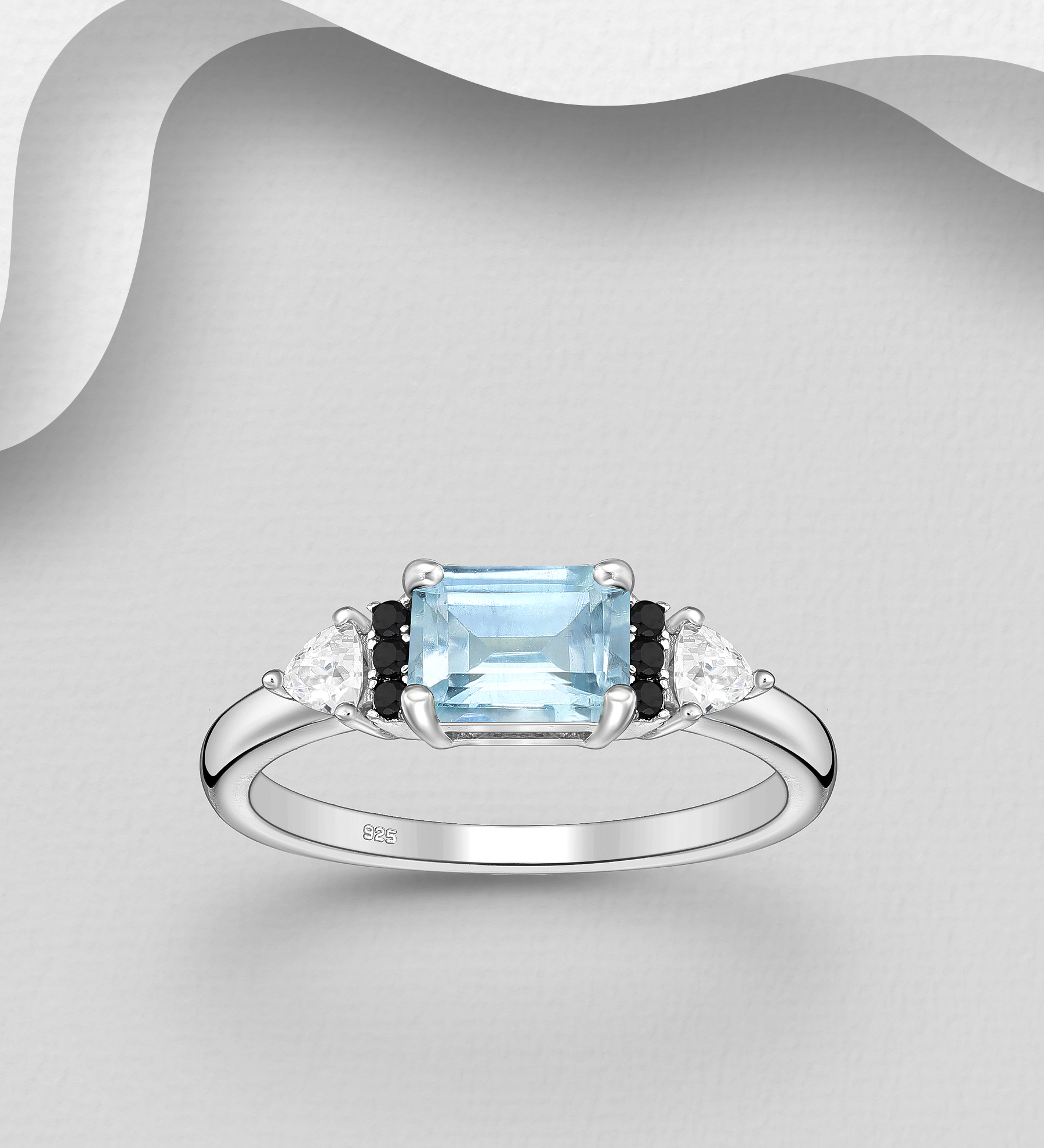 La Preciada - Wholesale 925 Sterling Silver Ring, Decorated with Sky Blue Topaz, Black Spinel and CZ Simulated Diamonds - SKU #1181-5260
