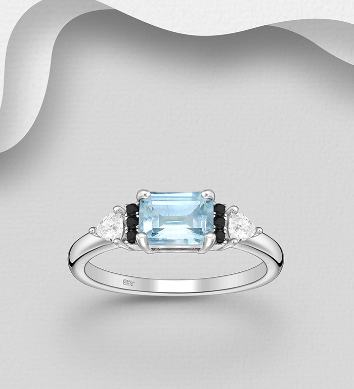 La Preciada - Wholesale 925 Sterling Silver Ring, Decorated with Sky Blue Topaz, Black Spinel and CZ Simulated Diamonds - SKU #1181-5260