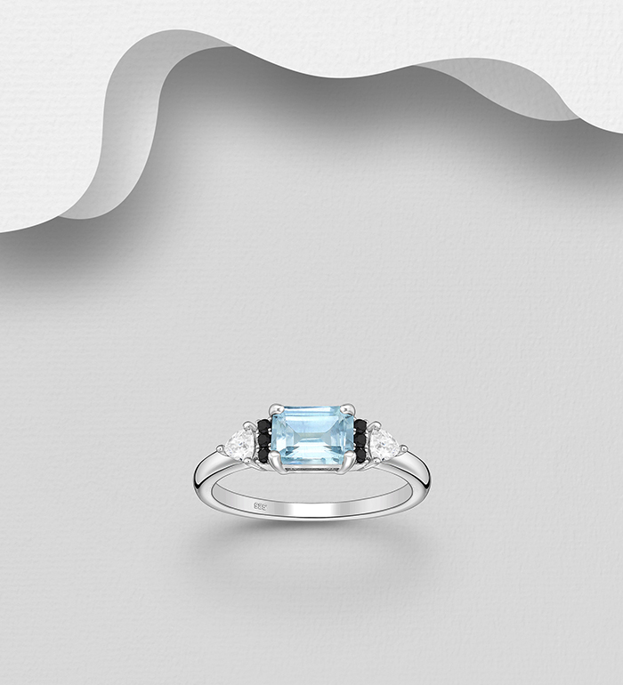 La Preciada - Wholesale 925 Sterling Silver Ring, Decorated with Sky Blue Topaz, Black Spinel and CZ Simulated Diamonds - SKU #1181-5260