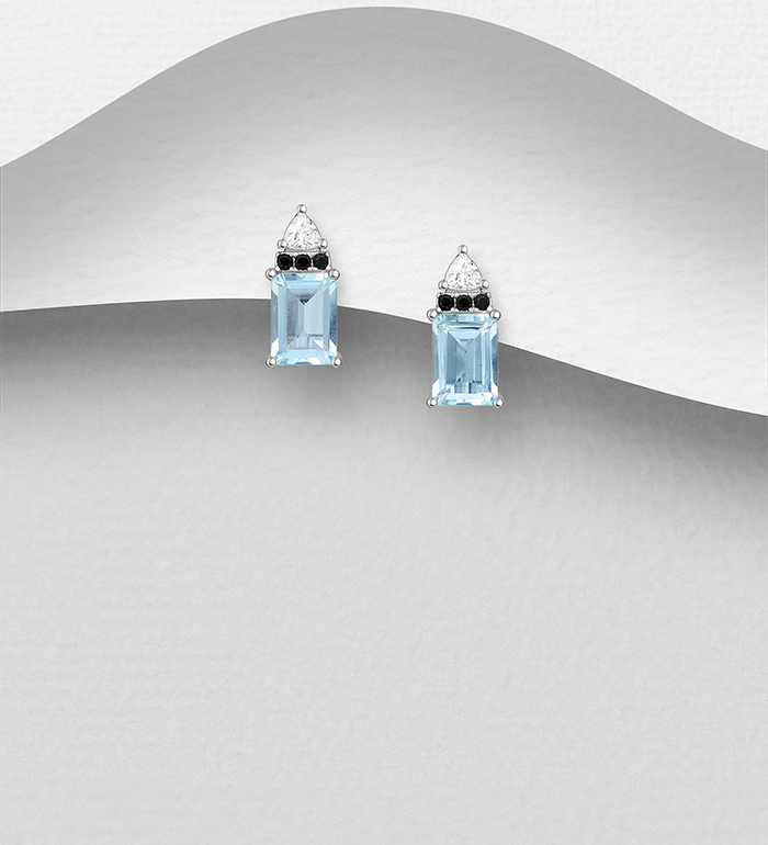 La Preciada - Wholesale 925 Sterling Silver Omega Lock Earrings, Decorated with Sky Blue Topaz, Black Spinel and CZ Simulated Diamonds - SKU #1181-5261