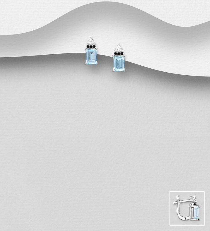 La Preciada - Wholesale 925 Sterling Silver Omega Lock Earrings, Decorated with Sky Blue Topaz, Black Spinel and CZ Simulated Diamonds - SKU #1181-5261