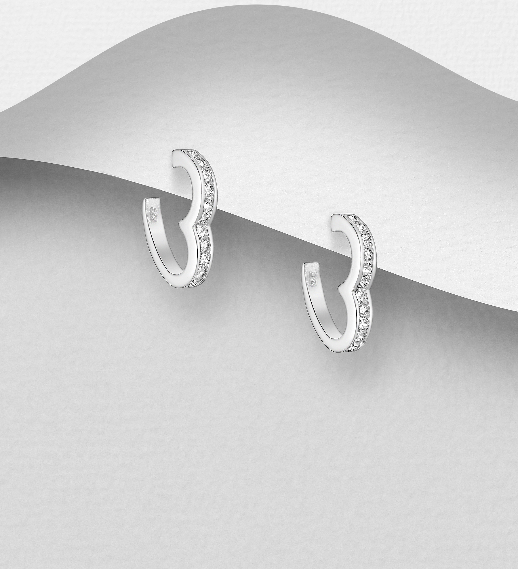 Wholesale 925 Sterling Silver Heart Hoop Earrings, Decorated with CZ Simulated Diamonds - SKU #701-33553