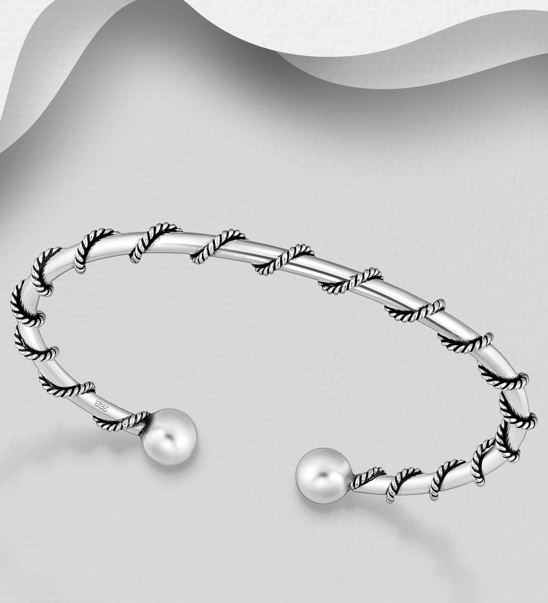 Wholesale 925 Sterling Silver Oxidized Twisted and Ball Cuff - SKU #706-39761