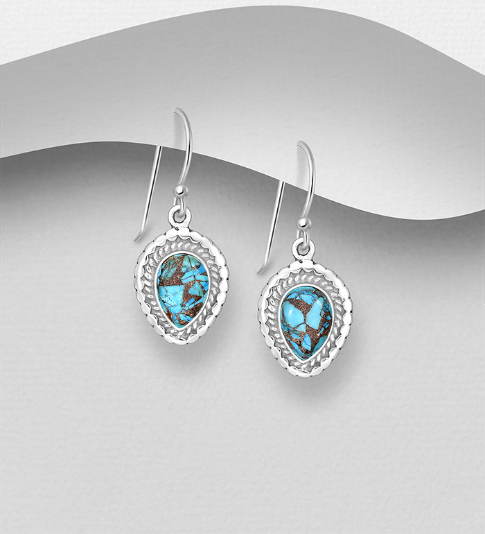 Wholesale 925 Sterling Silver Hook Earrings, Decorated with Reconstructed Copper Turquoise - SKU #2140-722