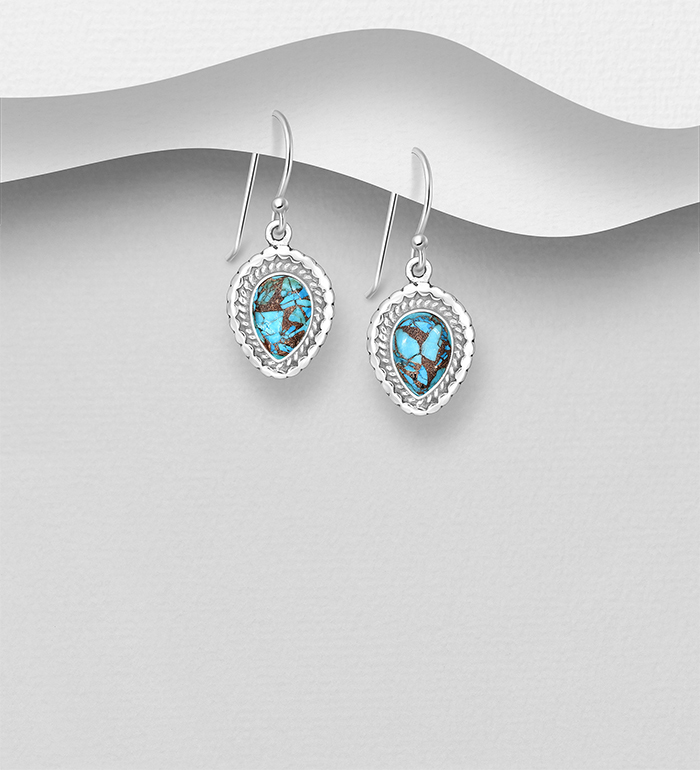 Wholesale 925 Sterling Silver Hook Earrings, Decorated with Reconstructed Copper Turquoise - SKU #2140-722
