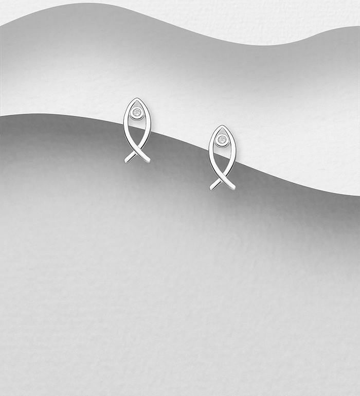 Wholesale 925 Sterling Silver Fish Push-Back Earrings, Decorated with CZ Simulated Diamonds - SKU #701-33564
