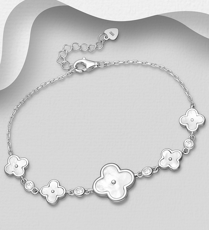 Wholesale 925 Sterling Silver Clover Bracelet, Decorated with Shell and CZ Simulated Diamonds - SKU #789-4911