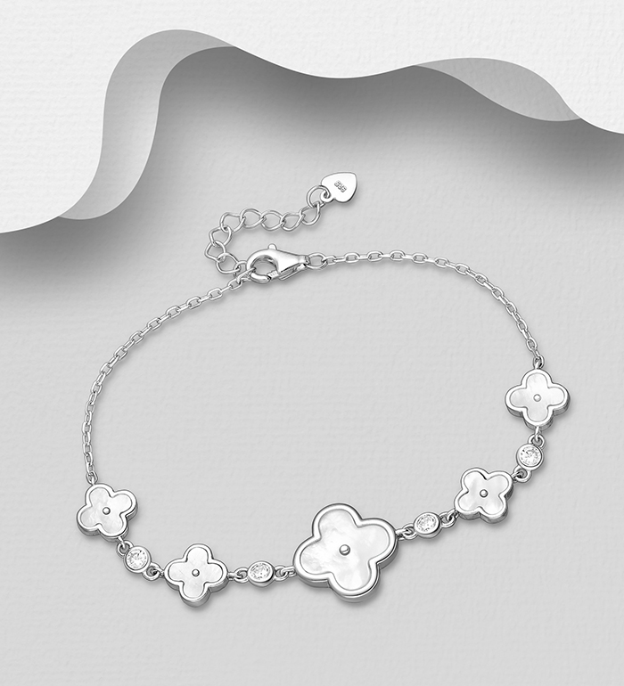 Wholesale 925 Sterling Silver Clover Bracelet, Decorated with Shell and CZ Simulated Diamonds - SKU #789-4911