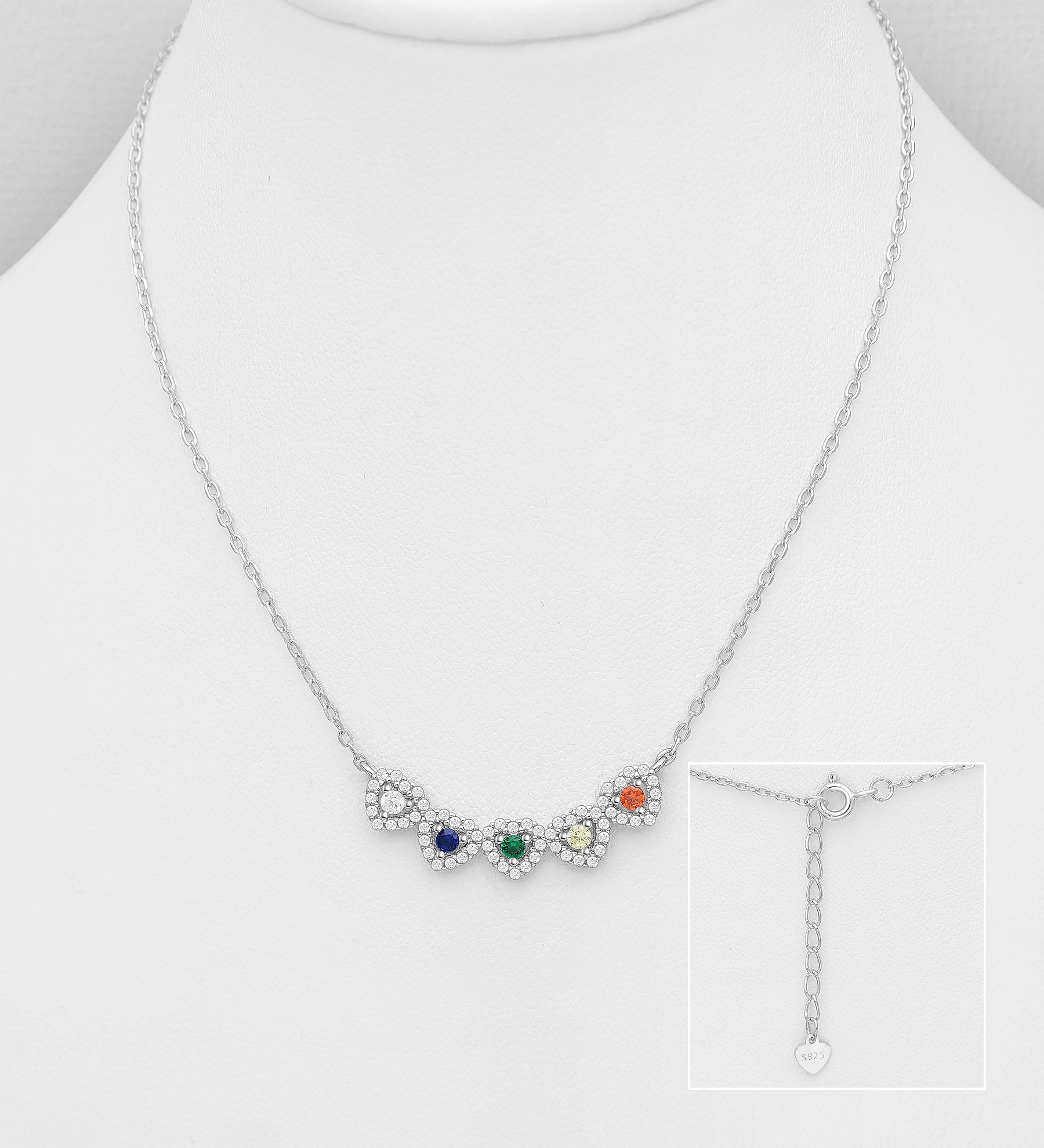 Wholesale 925 Sterling Silver Heart Necklace, Decorated with CZ Simulated Diamonds - SKU #701-33570