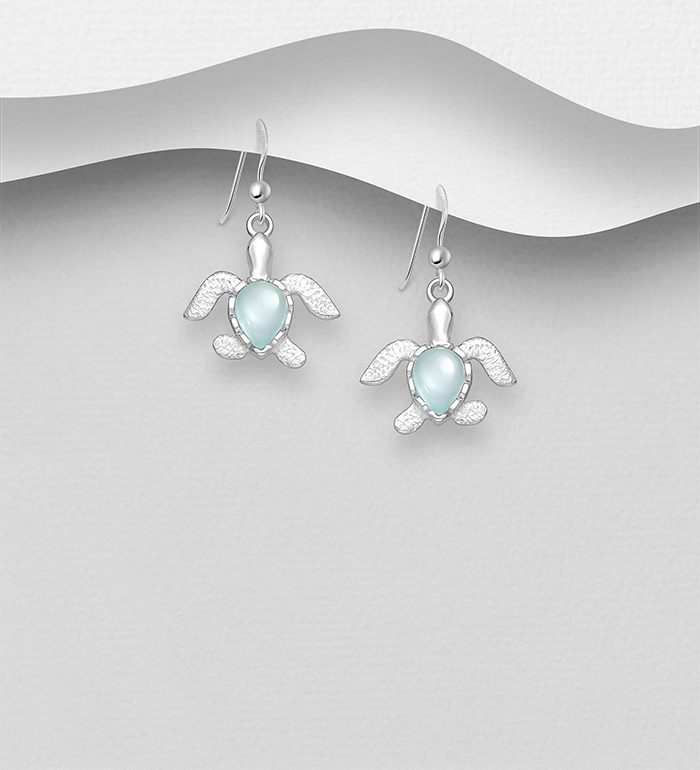Wholesale 925 Sterling Silver Turtle Hook Earrings, Decorated with Light Sky Blue Chalcedony - SKU #883-10061