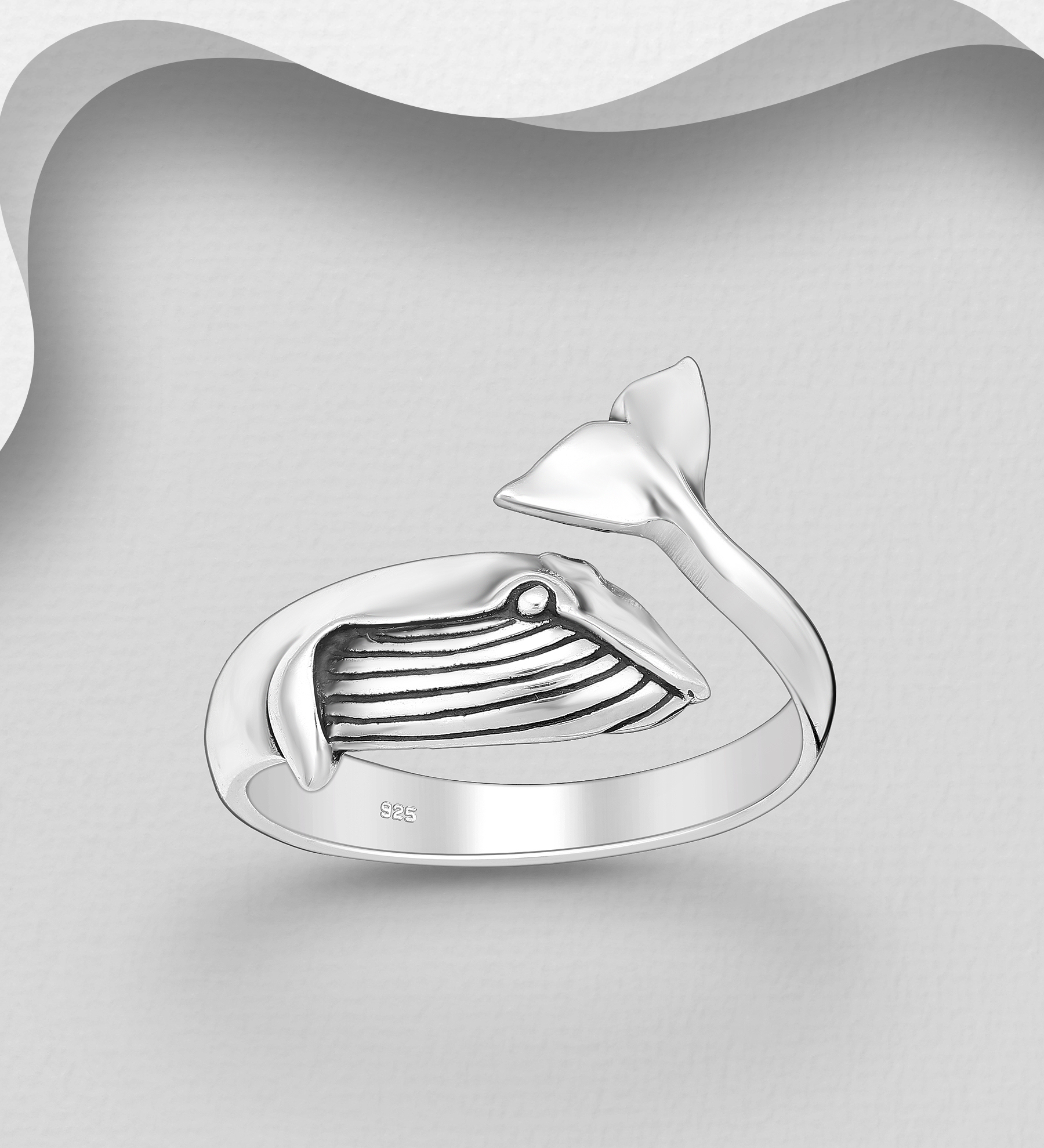 Wholesale 925 Sterling Silver Oxidized Whale Adjustable Ring - SKU #706-39791