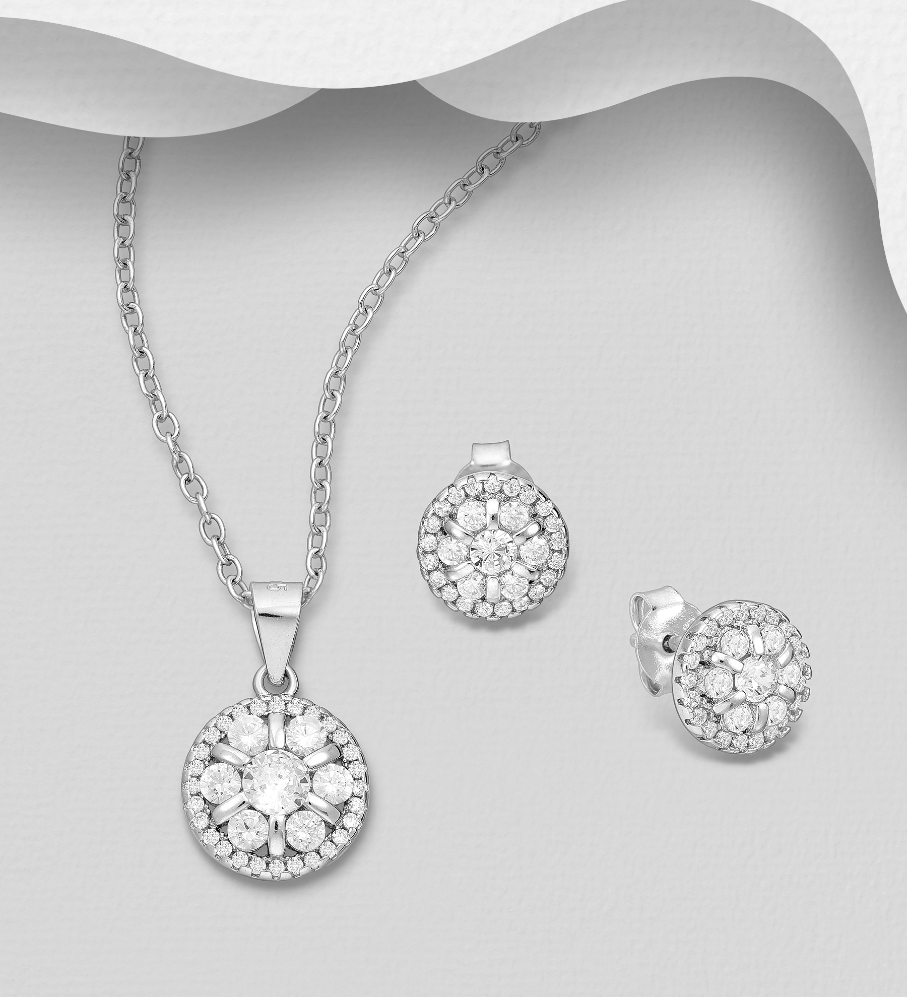 Wholesale 925 Sterling Silver Push-Back Earrings and Pendant Jewelry Set, Decorated with CZ Simulated Diamonds - SKU #701-33584
