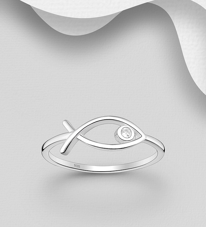Wholesale 925 Sterling Silver Fish Ring, Decorated with CZ Simulated Diamond - SKU #701-33596