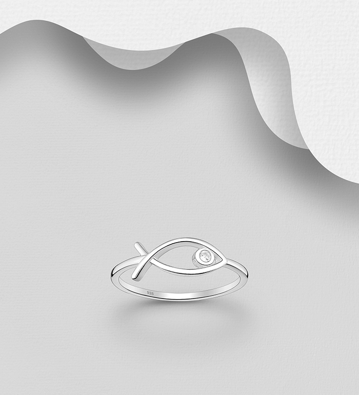Wholesale 925 Sterling Silver Fish Ring, Decorated with CZ Simulated Diamond - SKU #701-33596