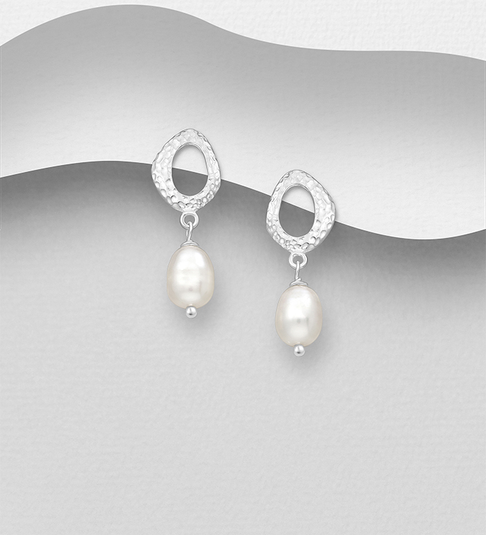 Wholesale 925 Sterling Silver Hammered Texture Push-Back Earrings, Beaded with Freshwater Pearls - SKU #382-6763