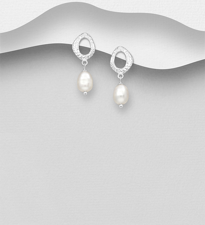 Wholesale 925 Sterling Silver Hammered Texture Push-Back Earrings, Beaded with Freshwater Pearls - SKU #382-6763