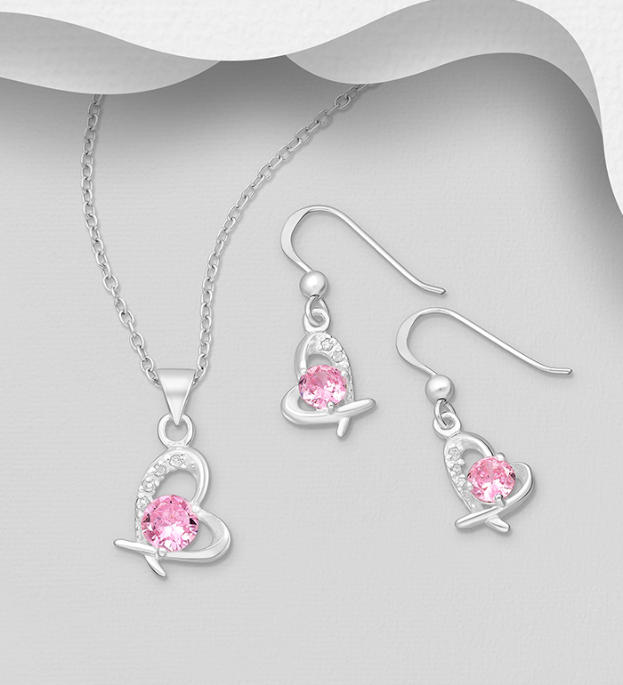 Wholesale 925 Sterling Silver Heart Earrings, Pendant Jewelry Set, Decorated with CZ Simulated Diamonds - SKU #701-33611