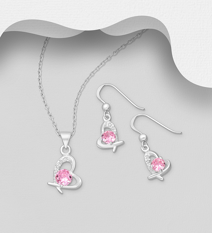 Wholesale 925 Sterling Silver Heart Earrings, Pendant Jewelry Set, Decorated with CZ Simulated Diamonds - SKU #701-33611