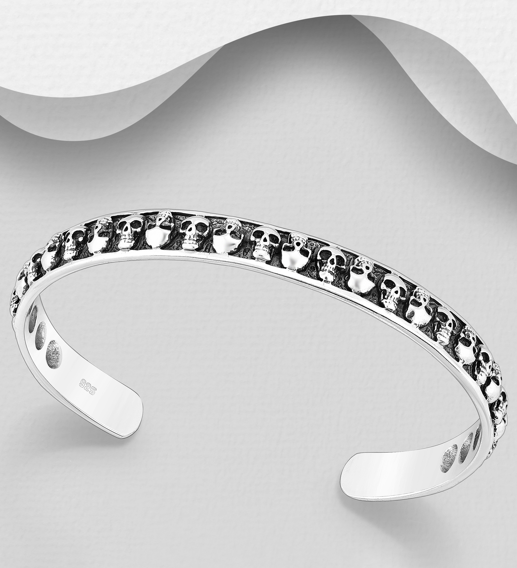 Wholesale 925 Sterling Silver Oxidized Skull Cuff - SKU #768-652
