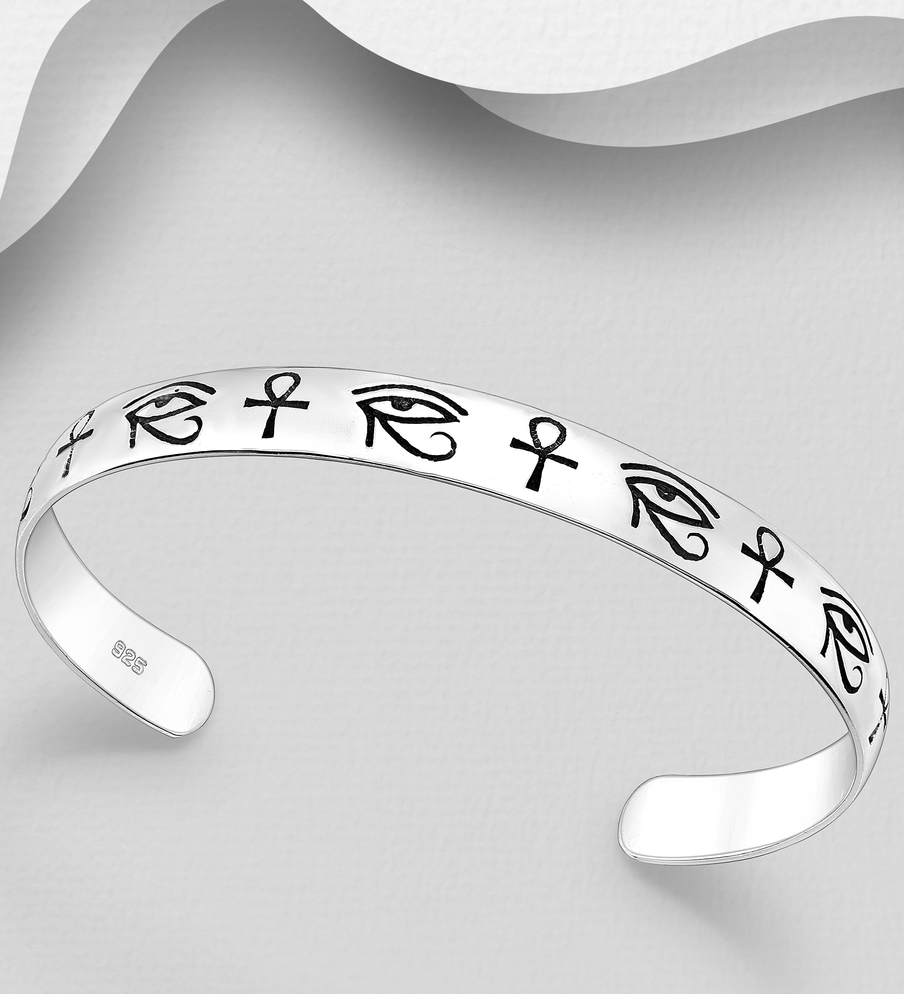 Wholesale 925 Sterling Silver Oxidized Egyptian Cross and The Eye Of Horus Cuff - SKU #1563-1675