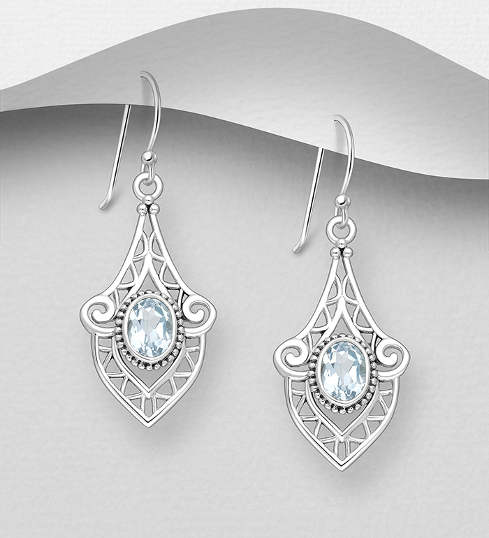 Wholesale 925 Sterling Silver Oxidized Hook Earrings, Decorated with Various Gemstones - SKU #883-10068