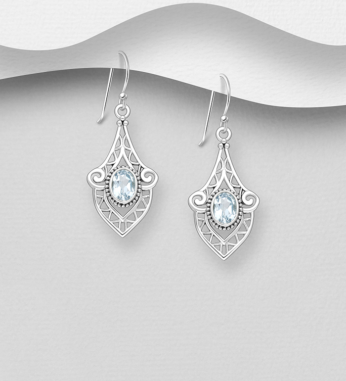 Wholesale 925 Sterling Silver Oxidized Hook Earrings, Decorated with Various Gemstones - SKU #883-10068