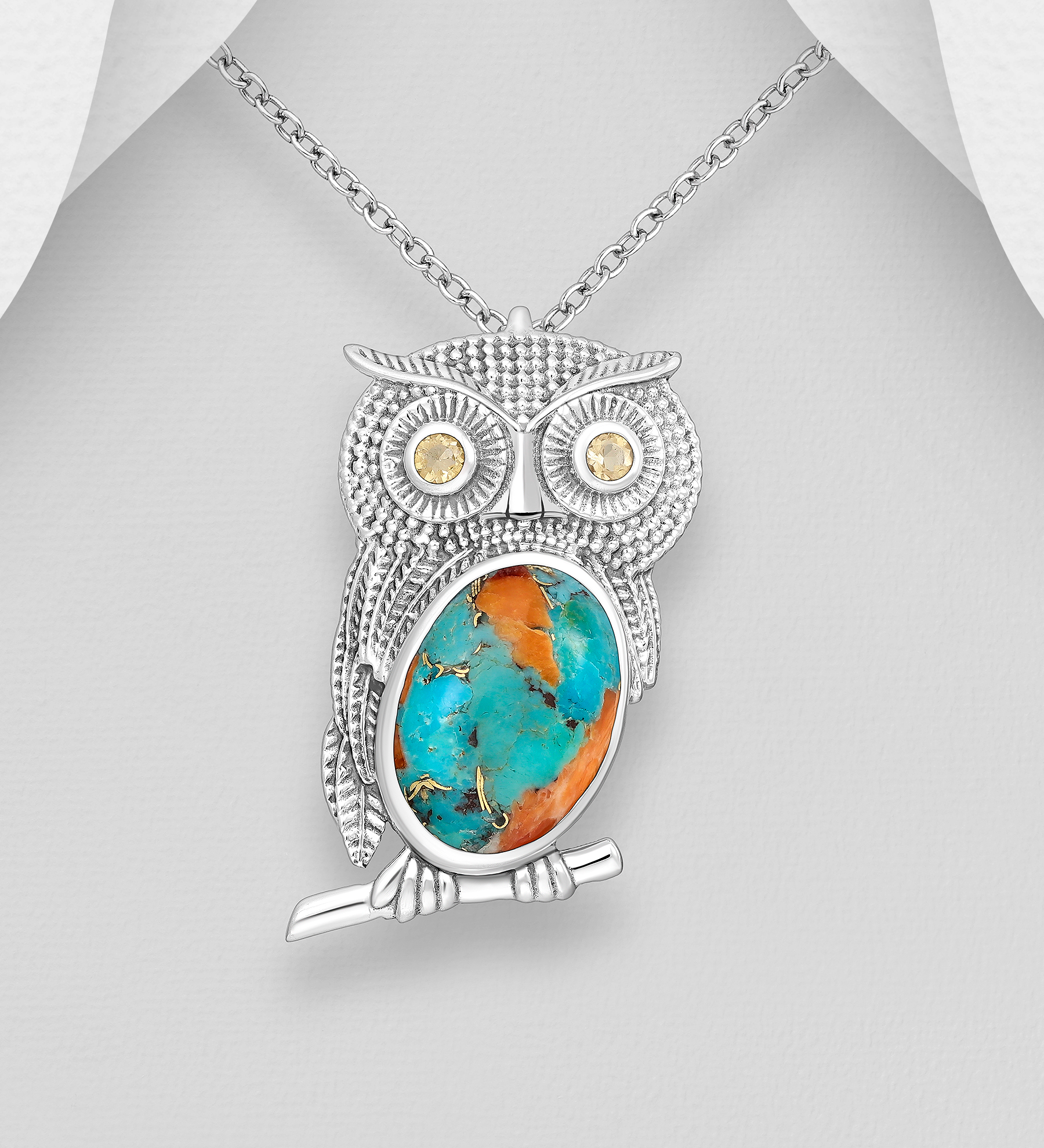 Wholesale 925 Sterling Silver Owl Pendant, Decorated with Reconstructed Turquoise and Various Gemstones - SKU #2140-728