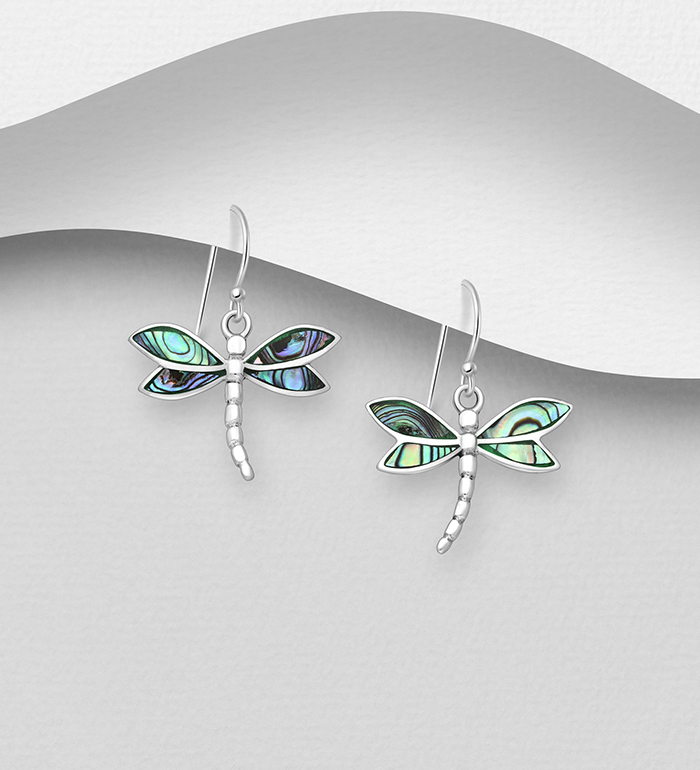 Wholesale 925 Sterling Silver Dragonfly Hook Earrings, Decorated with Shell - SKU #789-4920