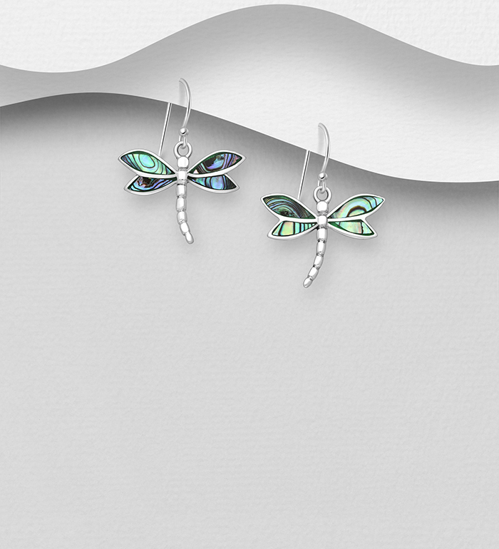 Wholesale 925 Sterling Silver Dragonfly Hook Earrings, Decorated with Shell - SKU #789-4920
