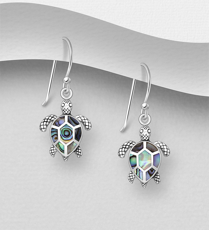 Wholesale 925 Sterling Silver Oxidized Turtle Hook Earrings, Decorated with Shell - SKU #789-4922