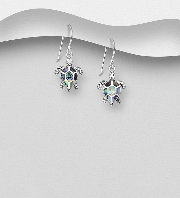 Wholesale 925 Sterling Silver Oxidized Turtle Hook Earrings, Decorated with Shell - SKU #789-4922